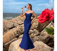 Elegante abito da sera con scollo a cuore senza spalline, busto plissettato, coda a sirena. Abito da cerimonia formale per primavera/estate, adatto per gala, matrimoni, red carpet, feste serali e come