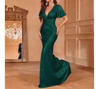 Elegante abito da sera con scollo a V profondo, maniche corte, decorato con paillettes, design con vita attorcigliata e orlo a sirena - perfetto per gala di gala, eventi sul red carpet, matrimoni form