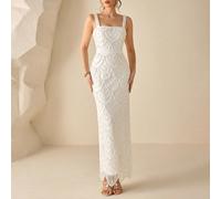 Elegante abito da sera con scollo quadrato, design a perla a forma di ventaglio floreale idrosolubile, orlo dritto, perfetto per occasioni primaverili/estive. Adatto per feste di compleanno, abiti da