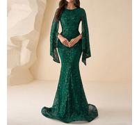 Elegante abito da sera da donna, abito a sirena aderente con fiori di lusso e paillettes, con collo rotondo, design elaborato, perfetto per feste formali, eventi serali, ospiti di matrimoni, cene di g