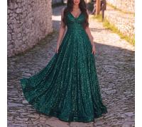 Elegante abito da sera da donna con scollo a V profondo e decorazioni: silhouette a sirena scintillante su tutto il corpo, design schiena scoperta audace, taglio aderente, spacco alto, strascico lungo