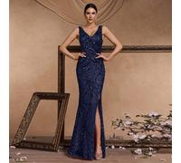 Elegante abito da sera di alta qualità in tessuto elastico con paillettes, scollo a V, spacco alto, coda da sirena, design lussuoso senza schienale, adatto per cocktail festa, matrimoni, occasioni for