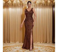 Elegante abito da sera di alta qualità in tessuto elastico con paillettes, scollo a V, spacco alto, coda da sirena, design lussuoso senza schienale, adatto per cocktail festa, matrimoni, occasioni for