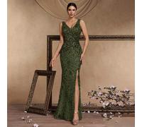 Elegante abito da sera di alta qualità in tessuto elastico con paillettes, scollo a V, spacco alto, coda da sirena, design lussuoso senza schienale, adatto per cocktail festa, matrimoni, occasioni for
