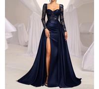 Elegante abito da sera di lusso lungo con schiena scollata, maniche lunghe, paillettes e patchwork in raso, attillato con spacco alto e ampi pannelli a balze L,M,S,XL,XS,XXL,XXS,XXXL,XXXXLBlocchi di c