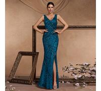 Elegante abito da sera formale aderente di alta qualità in tessuto elastico con paillettes, scollo a V, spacco alto, coda di sirena, design lussuoso con schiena scoperta, adatto per cocktail festa, ma