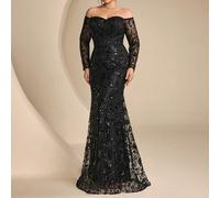 Elegante abito da sera formale con paillettes, spalle scoperte, maniche lunghe e schiena scoperta, adatto come abito da invitata a matrimonio, abito da sposa per la madre della sposa, Festa della Mamm