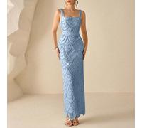Elegante abito da sera formale con scollo quadrato, design a ventaglio floreale con perle idrosolubili, gonna con orlo dritto, perfetto per occasioni primaverili/estive. Adatto per feste di compleanno