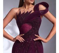Elegante abito da sera formale con spacco, in tessuto elastico viola-rosso, con applicazioni di perline e paillettes, per feste e matrimoni, si prega di prestare attenzione alla scelta della taglia) A