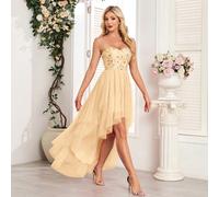 Elegante abito da sera formale con spalle scoperte, ricamo floreale, paillettes e orlo asimmetrico in rete dorata, per damigella d'onore, compleanno, ospite di matrimonio, festa L,M,S,XLColore unicoTe