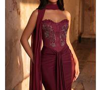 Elegante abito da sera formale da donna con scollo senza spalline in maglia elastica, patchwork in pizzo, applicazioni con perline lavorate a mano, coda a sirena e strascico, adatto per matrimoni ed e
