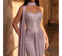 Elegante abito da sera formale da donna con scollo senza spalline, patchwork in pizzo, maglia elastica, decorato con applicazioni e perline fatte a mano, coda a sirena e strascico, adatto per matrimon