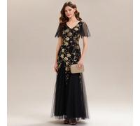 Elegante abito da sera formale nero & oro, scollo a V, maniche trasparenti e fluide, corpetto con applicazioni di rose in paillettes & perline, gonna maxi in tulle a-line, adatto per il gran ballo L,M