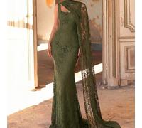 Elegante Abito da Sera Formale Romantico alla Moda Dignitoso in Pizzo Colore Caffè con Sciarpa e Orlo a Coda di Pesce per Feste Ballo di Fine Anno Matrimonio Invitato Addio al Nubilato Estate L,M,S,XS