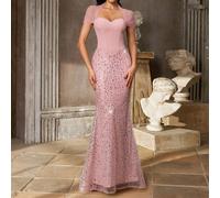 Elegante abito da sera formale rosa chiaro con pieghe, maniche corte, scollo a cuore, corsetto, paillettes, patchwork in rete, silhouette a sirena, lunghezza fino a terra, per addio al nubilato, matri