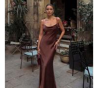 Elegante abito da sera francese in raso lucido marrone, scollo a cappuccio, spalline sottili con laccio, cerniera posteriore, schiena aperta, aderente, non elasticizzato, modello a sirena, per matrimo
