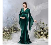 Elegante abito da sera lungo con maniche a campana per gravidanza, collo sovrapposto, in tessuto velluto, maniche a campana con polsini fluenti, applicazioni di frange sulle spalle, adatto per la prim