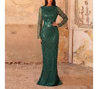 Elegante abito da sera lungo con maniche, paillettes e perline - Silhouette aderente con cintura, design con volant sulle maniche trasparenti, gonna lunga a sirena, adatto per matrimoni di lusso, gala