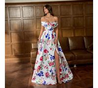 Elegante abito da sera lungo con spalle scoperte: stampa floreale ricamata, design con lacci incrociati sulla schiena, spacco laterale, tessuto in chiffon fluido, vestito ampio, taglia regolabile - pe