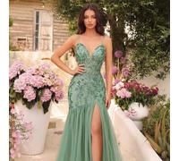 Elegante abito da sera lungo con spalline a spaghetti, scollo a V, vita alta, inserti in rete, schiena aperta con fiocco, adatto per balli, feste di compleanno, appuntamenti, cerimonie, matrimoni, cen