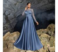 Elegante abito da sera lungo da donna con scollo tondo e maniche lunghe, con dettagli in tessuto a contrasto in raso e paillettes per una texture glamour, con arricciature sul petto. Perfetto per red 