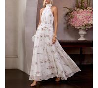 Elegante abito da sera lungo da donna senza maniche con collo alto, stampa floreale casuale in tessuto chiffon, laccio al collo posteriore per una vestibilità regolabile, dettagli arricciati in vita L