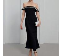 Elegante abito da sera lungo di alta gamma con colletto con applicazioni in perline sulle spalle scoperte, aderente per esaltare la figura L,M,S,XSBlocchi di colore,Colore unicoTessuto intrecciato