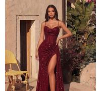 Elegante abito da sera lungo fino a terra con spalline sottili, inserti di paillettes, design a lisca di pesce, vita alta, spacco profondo, schiena scoperta e fascia annodata sul retro, per ballo, cen