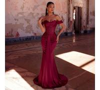 Elegante abito da sera lungo fino a terra con una spalla, pizzo, volant, patchwork, stecche, vita alta, adatto per ballo, cena, appuntamento, festa di ritorno a casa, matrimonio L,M,S,XSColore unicoTe