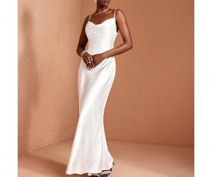 Elegante abito da sera lungo in raso bianco con spalline a spaghetti, scollo drappeggiato, senza maniche, stile sirena, adatto per matrimoni e feste SHEIN X JIAN LASALA SHEIN X potenzia la creatività 