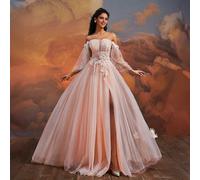 Elegante abito da sera lungo in tulle color rosa cipria con spalle scoperte, abito da sera con applicazioni floreali 3D e spacco alto, abito da cerimonia da donna stile principessa da sogno L,M,S,XL,X