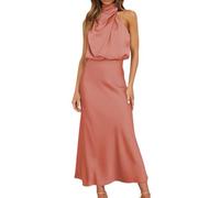 Elegante abito da sera lungo senza maniche in raso con allacciatura al collo, abito estivo da matrimonio, a vita alta, elegante