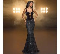 Elegante abito da sera minimalista nero, con spalle scoperte, ricamato con paillettes scintillanti, con doppia cinghia, scollo a cuore profondo a V, coppa a forma di gattino, vita aderente, orlo a sir