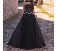 Elegante abito da sera nero a campana da donna, scollo a bretelle, decorato con perle, non elasticizzato, che esalta l'eleganza affascinante. Adatto per feste e matrimoni. L,M,S,XLBlocchi di coloreRas
