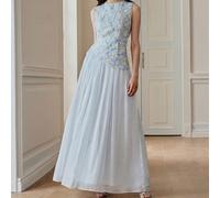 Elegante abito da sera per feste con ricamo floreale con perline pesanti, senza maniche, collo rotondo, che valorizza la vita, abito lungo snellente per donne di piccola statura Petite XXS,Petite XS,P