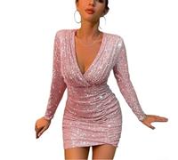 Elegante abito da sera plissettato da donna con paillettes e scollo a V, per serate fuori (S rosa)