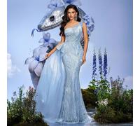 Elegante abito da sera rosa con scollo a cuore, una spalla, fiocco sulla schiena, decorato con perline, adatto per cene, feste, cocktail festa (molto decorato) L,M,S,XL,XS,XXLTessuto intrecciato