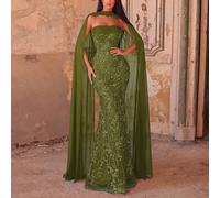 Elegante abito da sera senza spalline, design arricciato sul busto, impreziosito con pizzo e perline, adatto per matrimonio e vacanza L,M,SStampa CasualePaillettes