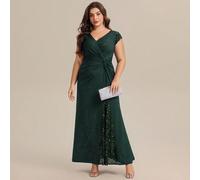 Elegante abito da sera verde scuro taglie forti, design con scollo a V e busto plissettato, abito da ballo per feste formali autunnali, matrimoni e serate autunnali 0XL,1XL,2XL,3XL,4XL,5XLColore unico