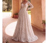 Elegante abito da sposa in pizzo, set a due pezzi | Caratterizzato da un profondo scollo a V con motivi floreali intricati, silhouette a-line, adatto per matrimoni da sogno in giardino, gala nuziali e