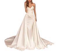 Elegante Abito da Sposa in Raso Sirena Delle Donne Plissettato Abiti da Sposa Senza Spalline Abito da Sposa con Treno, SEVENYXX, Bianco, 44