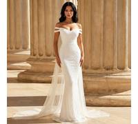 Elegante abito da sposa lungo a sirena bianco con spalle scoperte, in rete fluida, patchwork, schiena scoperta e lacci incrociati, per primavera e autunno L,M,S,XL,XSColore unicoPaillettes