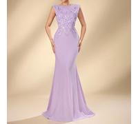 Elegante abito da sposa per la madre con applicazioni di paillettes lilla, scollo a barca, maniche corte, coda a sirena e strascico, abito formale estivo da damigella d'onore e ospite di matrimonio L,