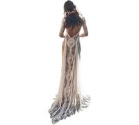 Elegante Abito da Sposa Vintage in Pizzo Senza Schienale Boho Beach Manica Lunga Fodera Nuda Bohémien Country, Bianca, 44