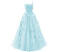 Elegante abito di sfera azzurro chiaro, abito in tulle con spalline sottili con retro incrociato, Azzurro, 42