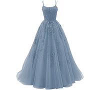 Elegante abito di sfera azzurro chiaro, abito in tulle con spalline sottili con retro incrociato, Blu polvere., 38