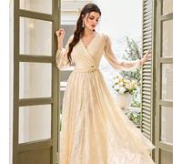 Elegante abito formale da donna con maniche lunghe in pizzo, colletto a strati e maniche a vescovo; gonna lunga fino al pavimento con dettaglio a torsione, adatto per matrimoni e feste L,M,S,XLColore