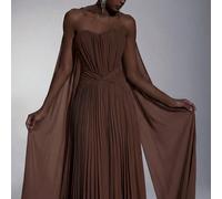 Elegante abito formale da principessa in chiffon plissettato senza spalline con gonna arricciata e strascico, adatto per appuntamenti, ballo scolastico, feste, promesse, matrimoni, serate estive, marr