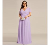 Elegante abito formale midi con scollo a V, orlo con volant e maniche lunghe, adatto per matrimonio primavera/estate, festa e damigella d'onore, colore lavanda autunnale 0XL,1XL,2XL,3XL,4XL,5XLColore 