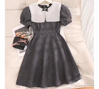 Elegante abito grigio a trapezio con colletto Peter Pan per ragazze pre-adolescenti, maniche corte a palloncino, chiusura con cerniera, abito casual da scuola per l'estate 8Y,9Y,10Y,11Y,12YColore unic